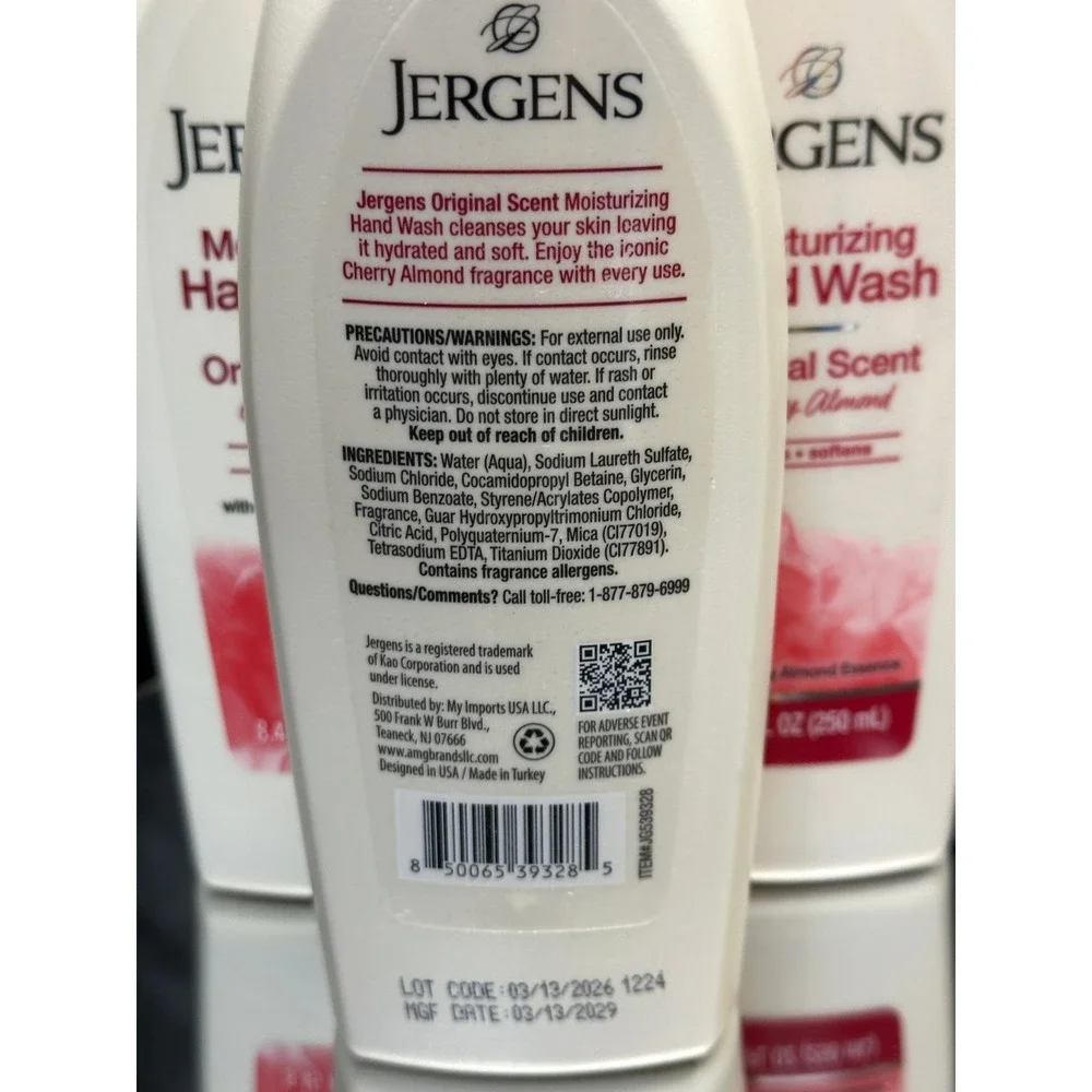 3 Pack Jergens Original Cherry Almond Moisturizing Hand Wash Soap Pump 8.45 oz